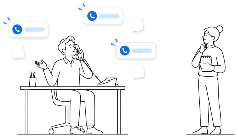 代表電話の対応に追われる事務担当のイラスト